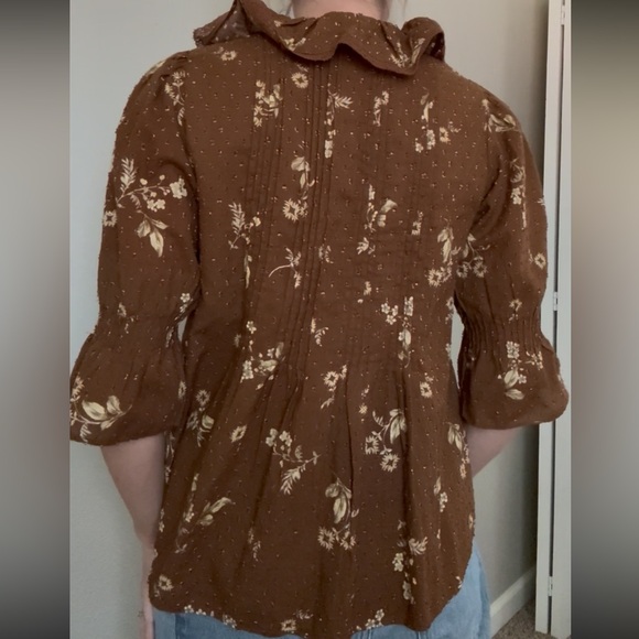 Anthropologie Brown Floral Ruffle Blouse - Picture 2 of 2